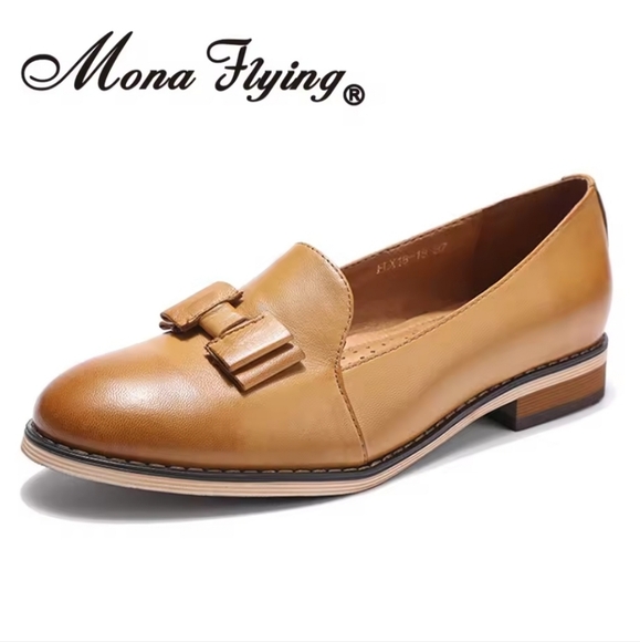 Mona Flying Shoes - Mona Flying Bow Penny Loafer Sheepskin Leather Brown Tan | Women's Size 9, 40 EU
